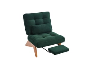 Fauteuil lounge réglable 127 x 73 x 90 cm en tissu vert avec repose-pieds, coussin lombaire et pieds en bois, design moderne