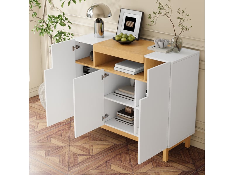  Buffet ulevr 3 portes avec rangement ouvert, 120,5 x 42 x 96 cm, panneaux de particules blancs et décor bois  - Conforama E