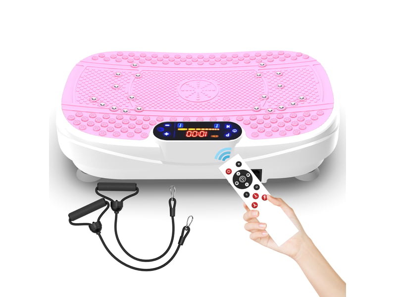 Plateforme vibrante de fitness 53 x 32 x 13 cm rose, abs, caoutchouc et acier, avec 2 bandes de resistance - Conforama A