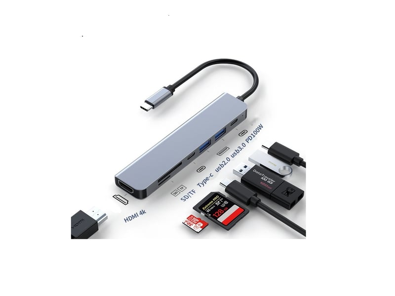 Port Hdmi Multiple Hub Usb C, 7 En 1 Adaptateur Usb C Avec Hdmi 4K, Pd 100 W, 3 Ports Usb 3.0, Lecteur De Carte Sd Adaptateur Usb C Multiport