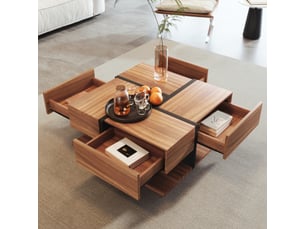 Table basse 78x78x36 cm avec 4 tiroirs et étagère basse, plateau carré à lignes contrastées, panneaux de particules, bois et noir