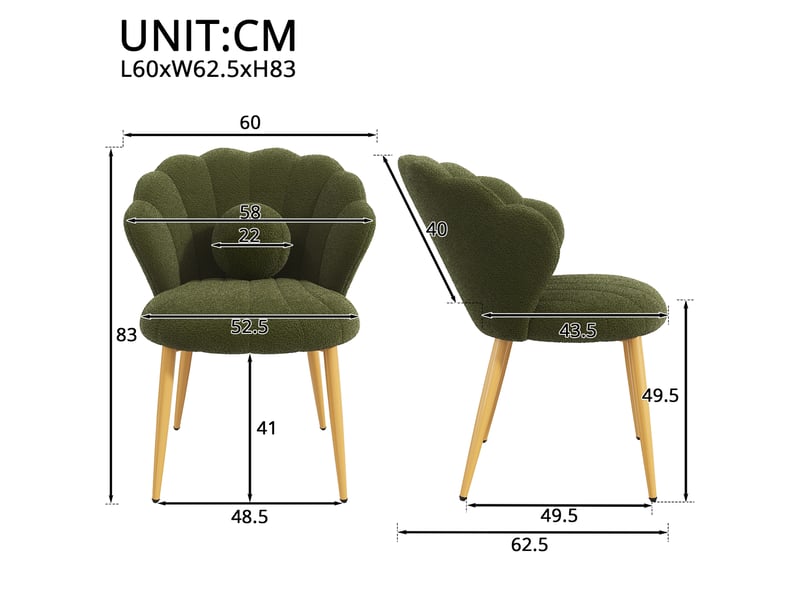  Lot de 4 chaises de salle à manger 60x62,5x83 cm en tissu bouclé vert, pieds dorés  - Conforama C