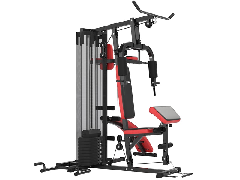Station de musculation - banc, développé couché, butterfly, barre latissimus et traction, curler, bande résistance, 10 contrepoids - rouge  - Conforama E
