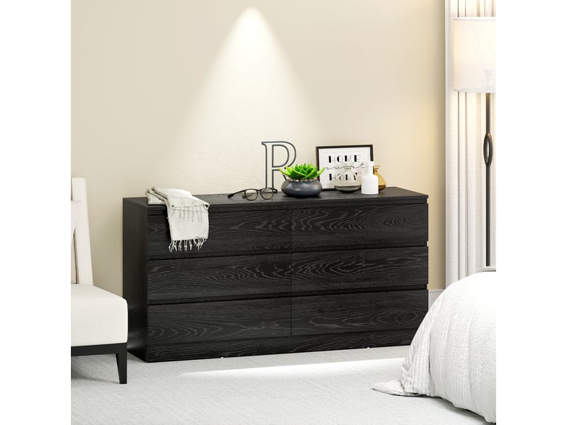 Commode à 6 tiroirs pour chambre, style moderne, pour salon ou bureau, 140 x 40 x 71 cm, aspect bois noir.  - Conforama C