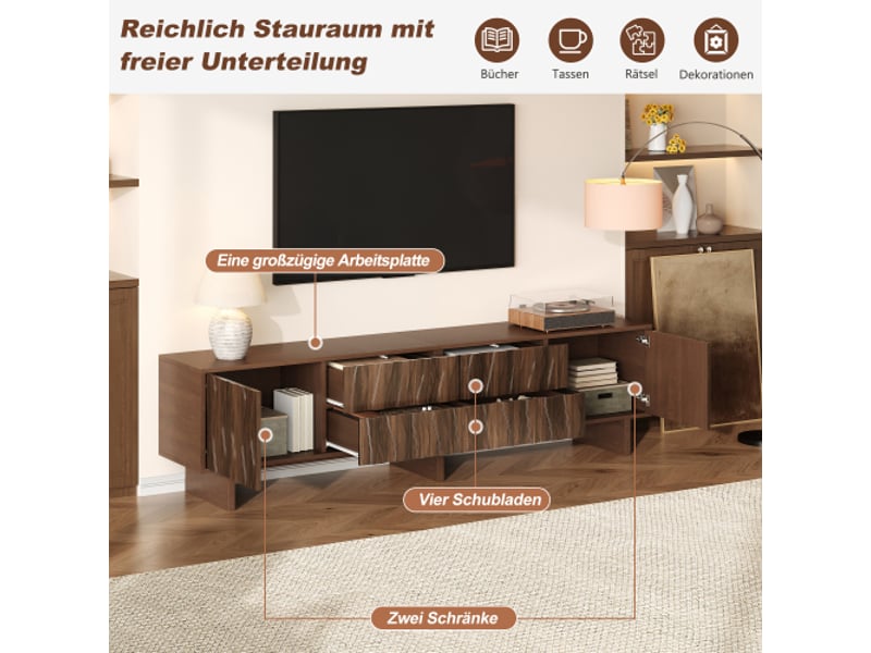  Meuble tv 180 x 40 x 56 cm, 4 tiroirs et 2 portes, design ondulé, compatible tv jusqu'à 75, bois noyer foncé  - Conforama E