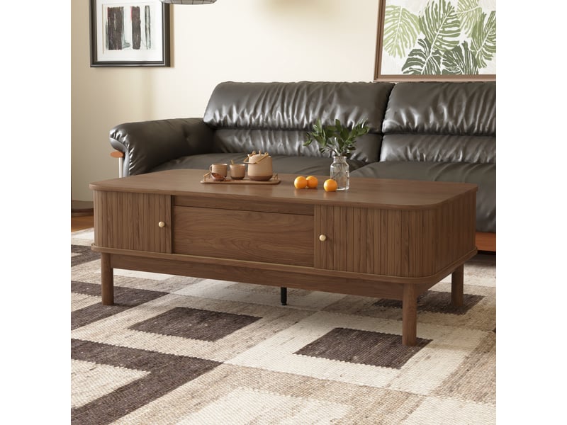 Table basse 120 × 62 × 41 cm en mdf avec tiroir, portes coulissantes à lamelles et rangement caché, marron, pour salon  - Conforama C