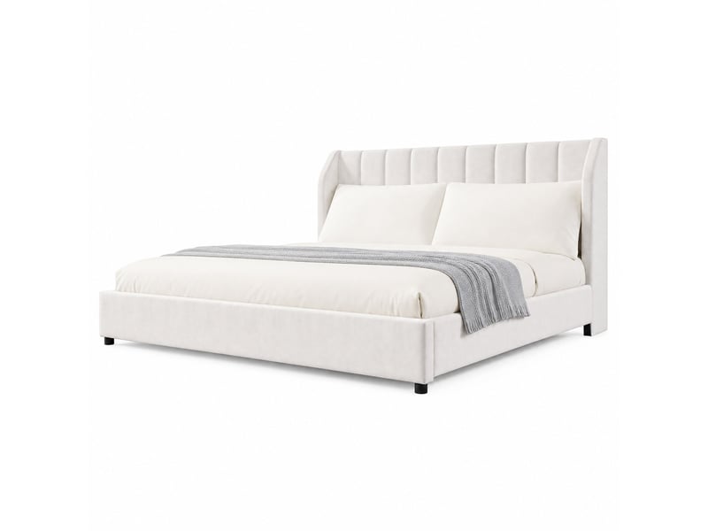  Lit double 180×200 cm tête de lit capitonnée, sommier inclus, sans matelas - okmyhome- flanelle beige  - Conforama A