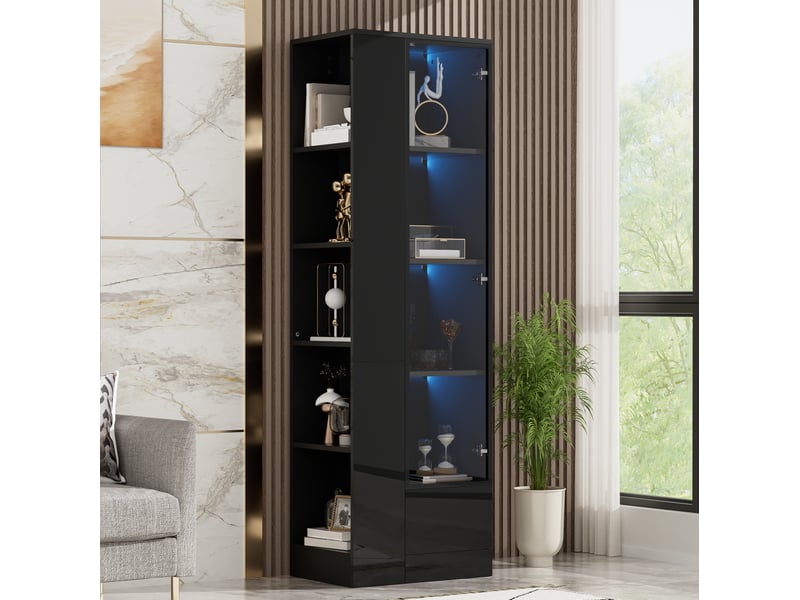 Vitrine avec porte vitrée, tiroir, rangements ouverts et éclairage led réglable pour salon, noir 50 × 35 × 160 cm - Conforama E