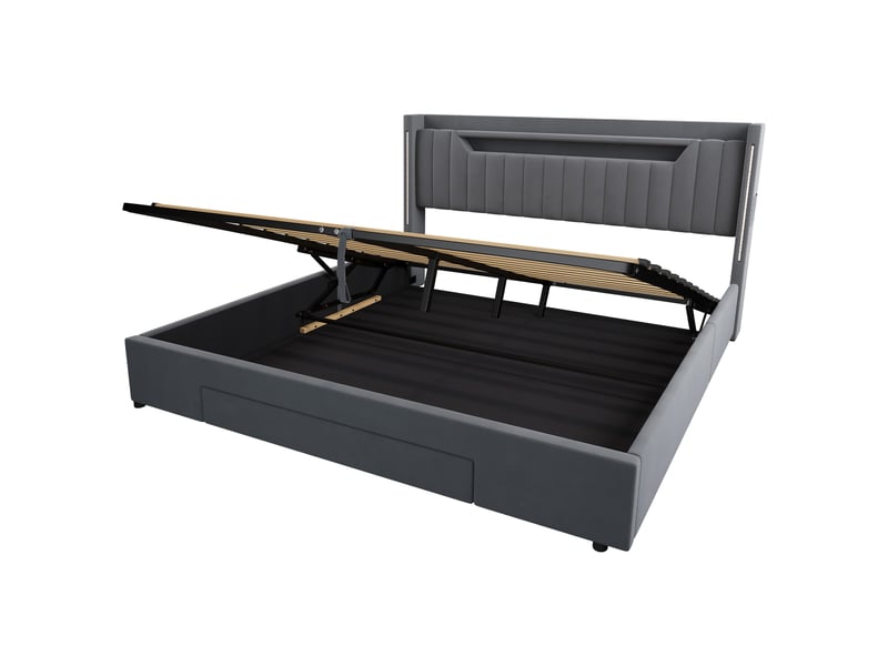  Lit coffre double 180x200 cm, éclairage led et tiroirs, velours gris (sans matelas)  - Conforama D
