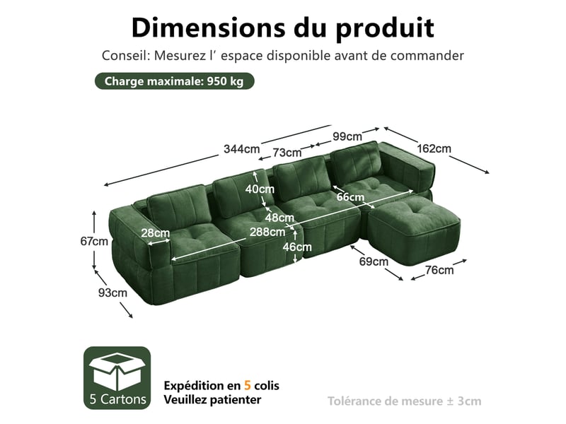 Canapé modulable 4 places d'angle avec pouf en polyester vert 344x162x67 cm, assise profonde, salon séjour W3325S00511 - Conforama C