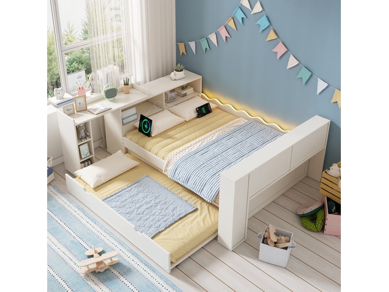  Lit gigogne avec sommier à lattes, niches de rangement, tablette coulissante et éclairage led, en bois blanc  - Conforama D