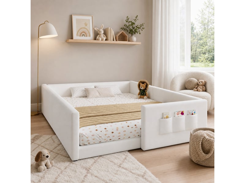  Lit enfant rembourré blanc en pu 140 x 200 cm avec 3 poches de rangement  - Conforama C