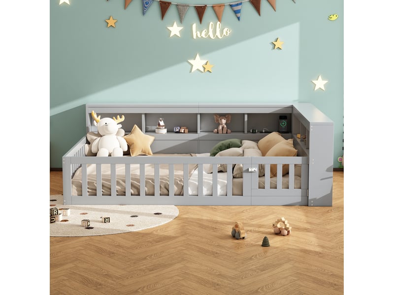  Lit 2 places 140x200 cm avec rangement, prises usb et sommier gris  - Conforama D