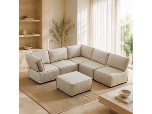 Canapé d'angle modulable convertible 6 places en tissu beige, 6 modules pour un salon flexible et accueillant