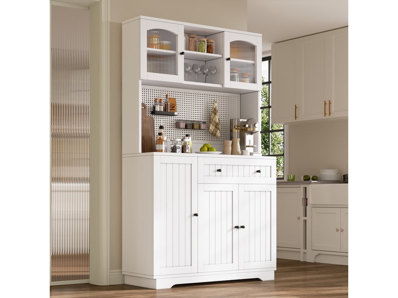  Vaisselier de cuisine blanc 180 cm armoire vitrine haute de rangement avec portes et étagères réglables  - Conforama R