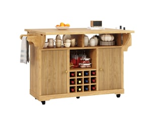 Desserte de cuisine mobile avec plateaux rabattables, étagères réglables et range-bouteilles amovible en mdf naturel