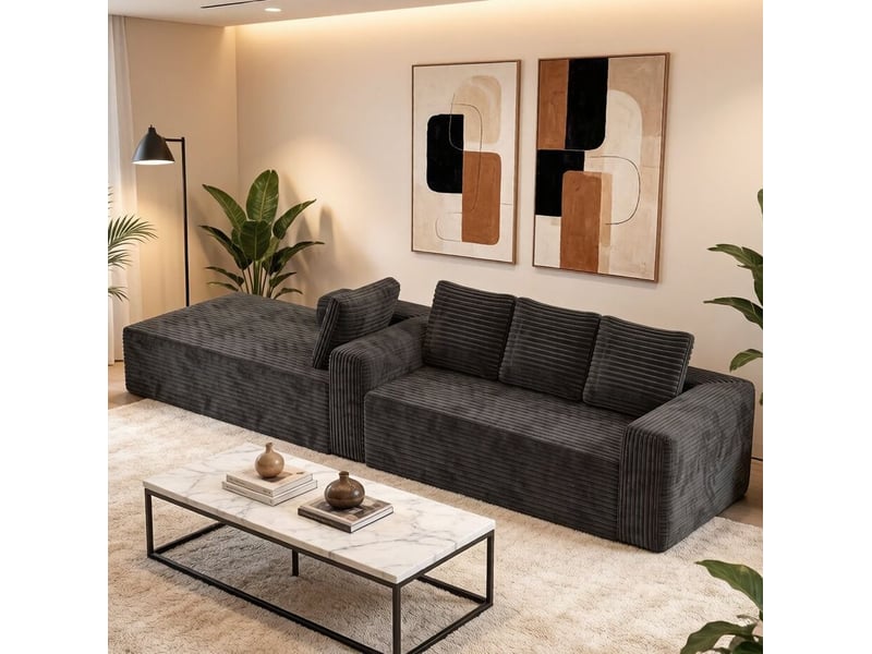  Canapé d'angle modulaire 261x168x58cm, montage simplifié, meuble de salon, bien-être, revêtement velours côtelé, gris  - Conforama E