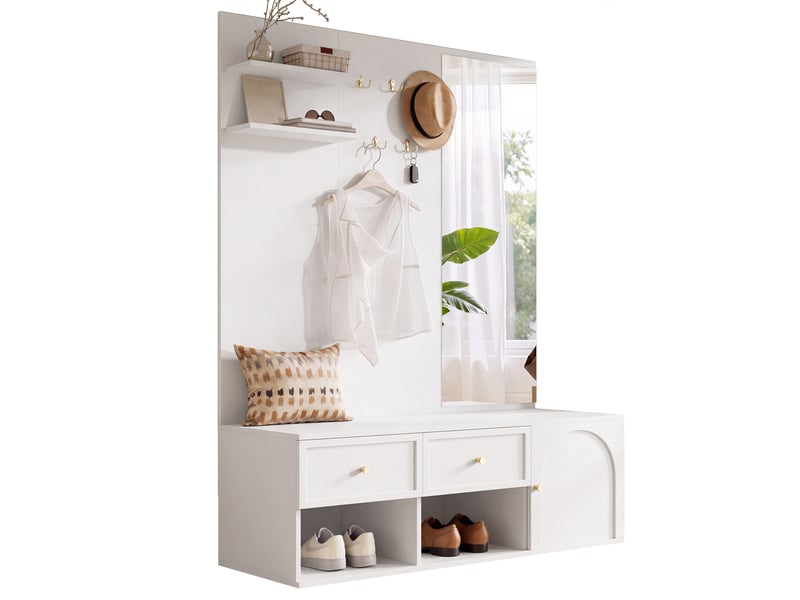 Vestiaire d'entrée complet blanc avec banc et miroir, meuble d'entrée 120cm, porte-manteau mural 5 crochets  - Conforama A