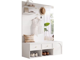 Vestiaire d'entrée complet blanc avec banc et miroir, meuble d'entrée 120cm, porte-manteau mural 5 crochets