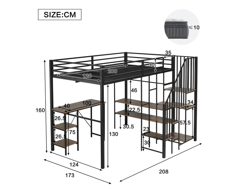 Lit superposé 120x200 cm avec bureau, penderie ouverte et échelle d'angle, noir - Conforama C