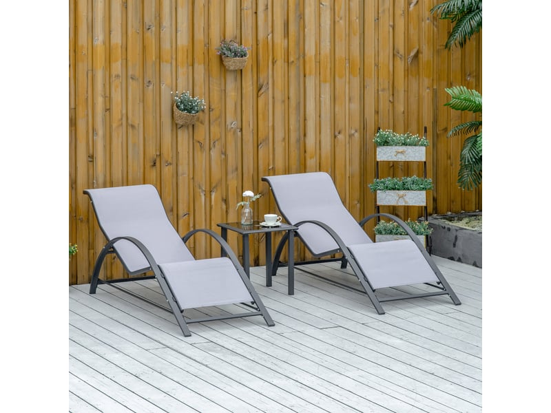 Ensemble de 2 chaises longues et table basse avec plateau en verre, 59 x 169 x 66 cm, gris clair  - Conforama B
