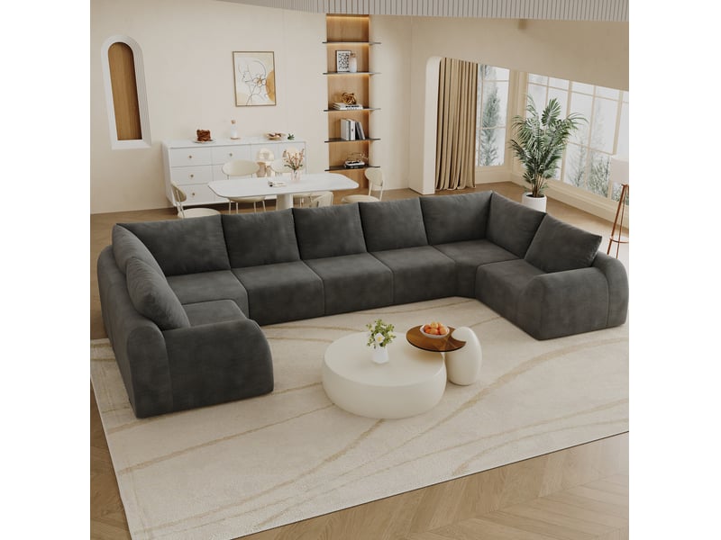  Canapé panoramique modenvie en u 7 places 411 x 200 x 85 cm, mousse haute élasticité, tissu chenille gris foncé  - Conforama B