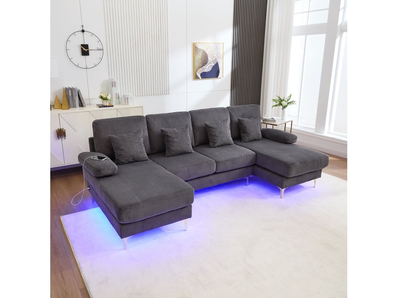  Canapé en u 4 places en velours gris avec led et port usb-c, 265 × 135 × 88 cm, confort pour le salon  - Conforama B