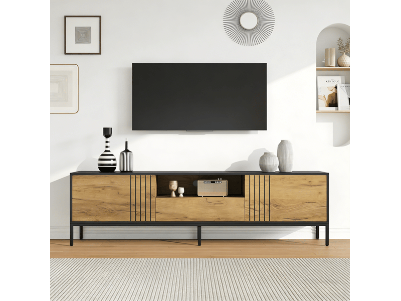  Meuble tv modenvie 170 x 35 x 50 cm avec 2 portes et 1 tiroir chêne et noir  - Conforama B