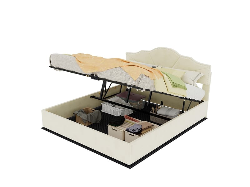  Lit coffre moderne minimaliste avec tête de lit rembourrée beige 160x200cm sommier coffre haut avec vérin pneumatique matelas inclus  - Conforama A