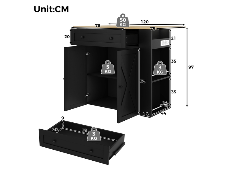  Îlot de cuisine extensible 120x4775x97 cm, 2 portes, tiroir, rangements latéraux, prises usb, mdf et panneau de particules, noir  - Conforama C
