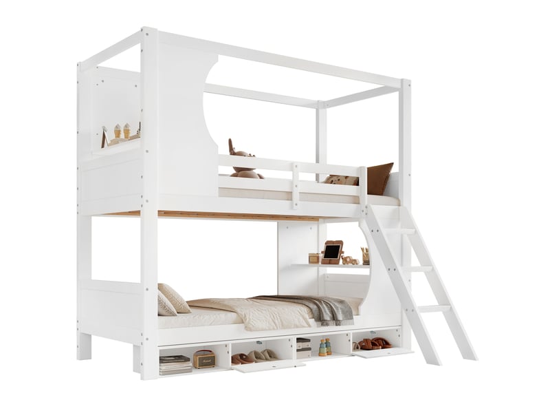 Lit superposé enfant 90x200 cm avec 2 bureaux et meuble à chaussures 4 compartiments, bois, blanc,sans matelas - Conforama A