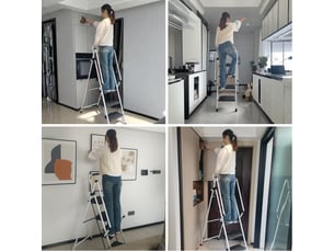 Escabeau pliant 5 marches en acier antidérapant, blanc et noir