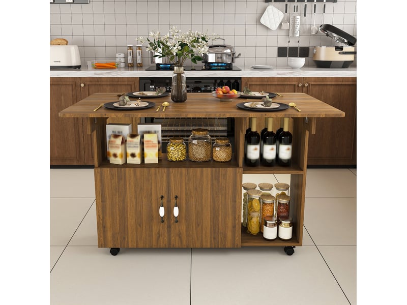  Desserte de cuisine pliante mobile 110x70x80 cm, multifonctionnelle avec 5 niveaux de rangement et 5 roulettes, mdf, noyer clair  - Conforama B