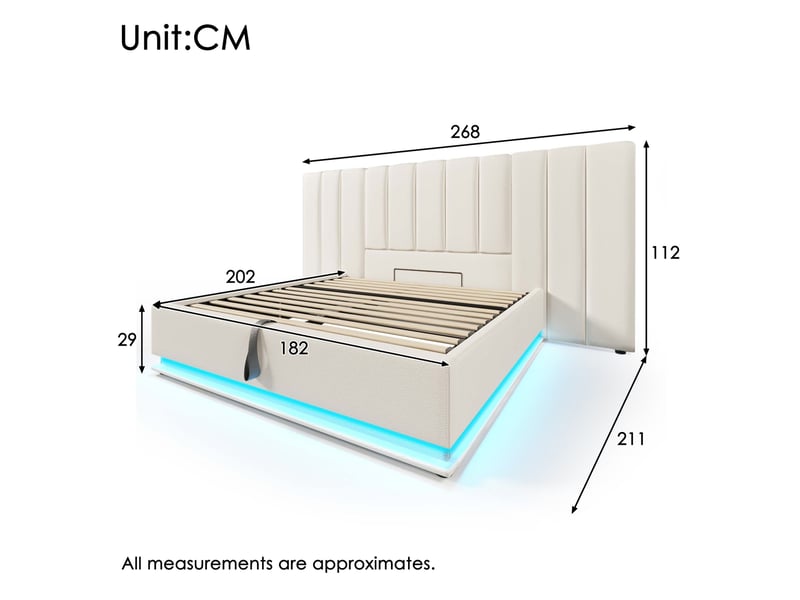 Lit coffre capitonné 180×200 cm avec led et ports usb, pu, blanc, avec matelas - Conforama C