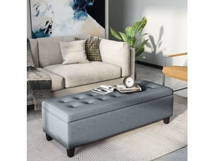 Banc coffre 125x49x41,5 cm gris en polyester, assise rembourrée et rangement spacieux sous couvercle