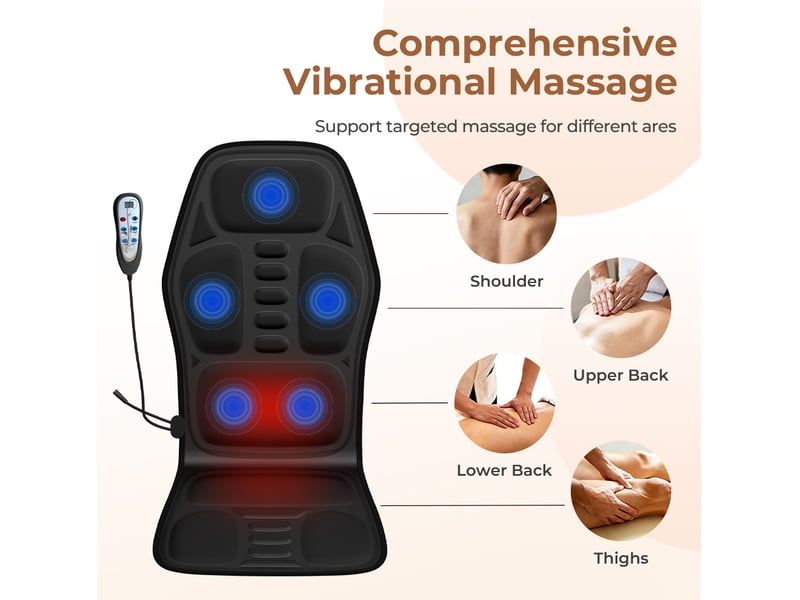 Coussin de massage électrique 115x50 cm – noir – 5 zones vibrantes, chauffage intégré et commande filaire - Conforama E