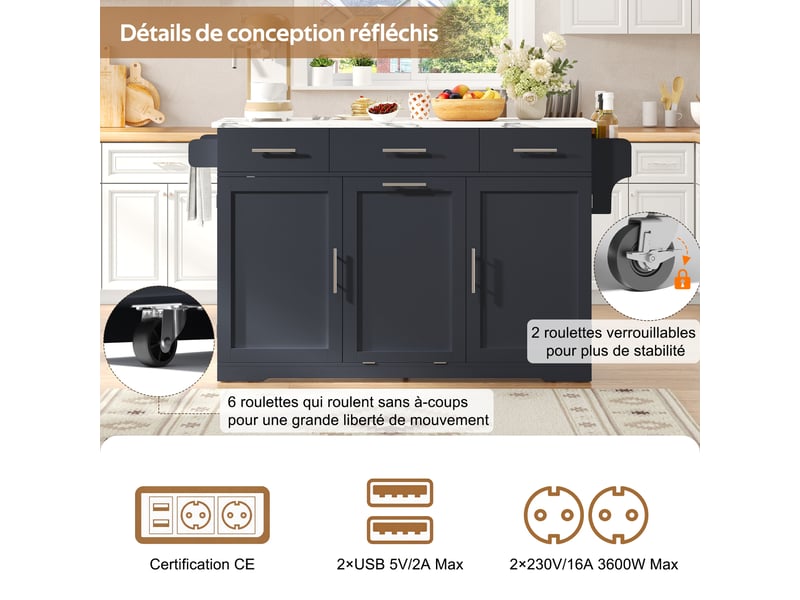  Îlot de cuisine mobile avec plan rabattable, prises et rangement - lpospi - roulettes freinées mdf gris 136 × 75 × 92 cm  - Conforama E