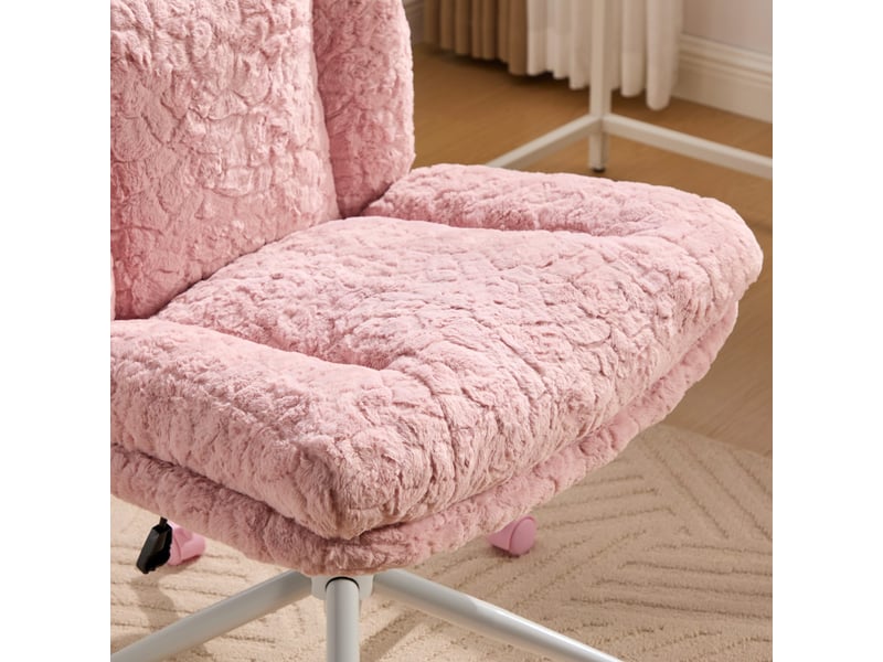  Chaise de bureau rose pivotante, chaise de coiffeuse en fausse fourrure avec assise large 67 cm et base en métal  - Conforama W