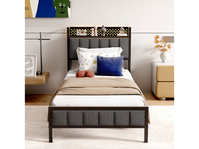  Lit coffre 90x200 cm - lit simple - avec tête de lit avec ports usb et étagère - en métal - noir  - Conforama C