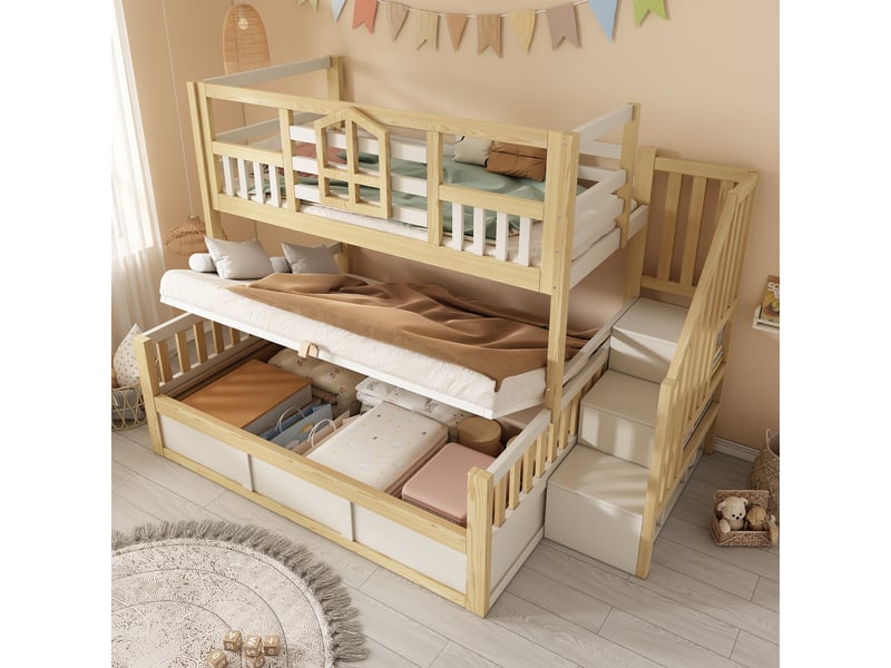 Lit superposé enfant 3 places 90140x200 cm avec fenêtre et barrière, lit coffre cabane avec espace de rangement, bois naturel blanc, norme en 747  - Conforama B