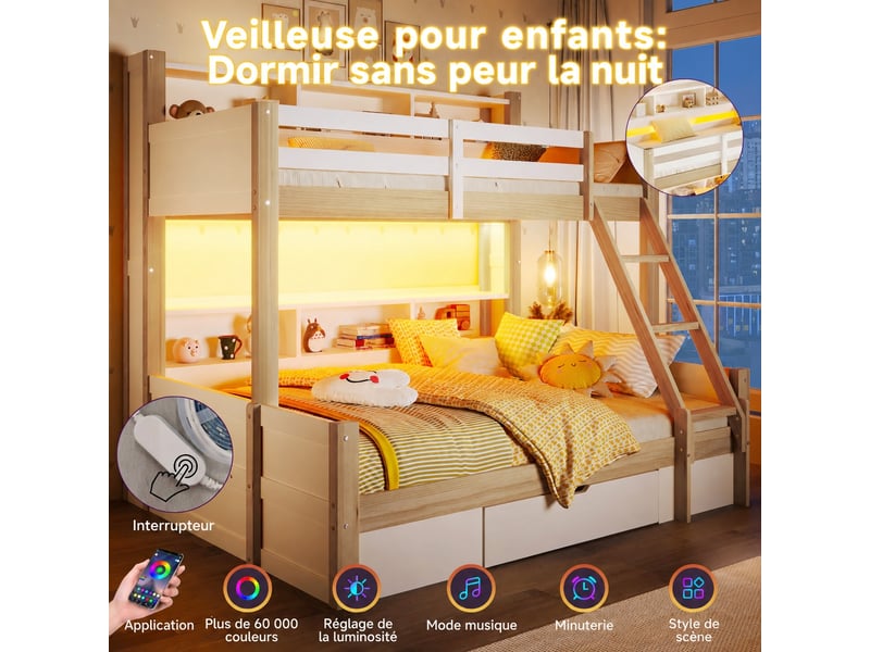  Lit superposé enfant avec couchage double en bas, 90x200 et 140x200 cm, rangements, tiroir et éclairage led  - Conforama B