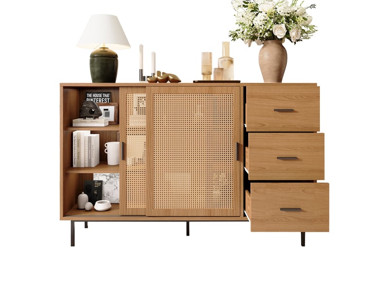 Buffet 140x37x91 cm avec 2 portes rotin 3 tiroirs tablettes réglables structure solide panneau de particules naturel - Conforama A