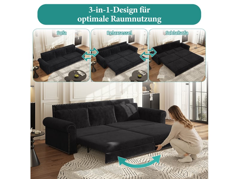 Canapé-lit 3 places 238x90x98 cm 3-en-1 avec coussin de dossier réglable, pour salon, en mousse et velours côtelé, noir  - Conforama D