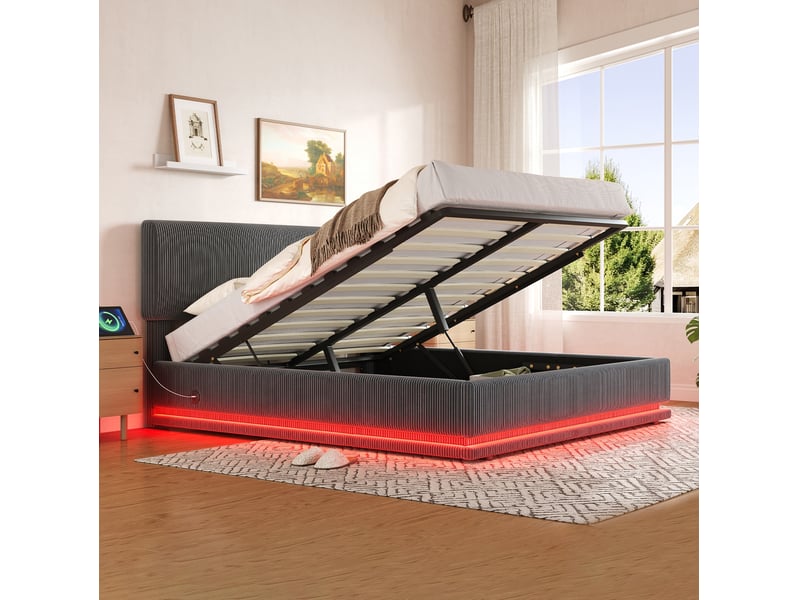  Lit coffre 160x200 cm gris foncé avec led, usb-c et tête de lit réglable  - Conforama D