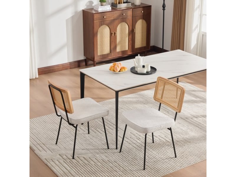  Ensemble 2 chaises modernes sans accoudoirs - dossier bois massif et rotin, assise chenille ivoire, pieds réglables  - Conforama D