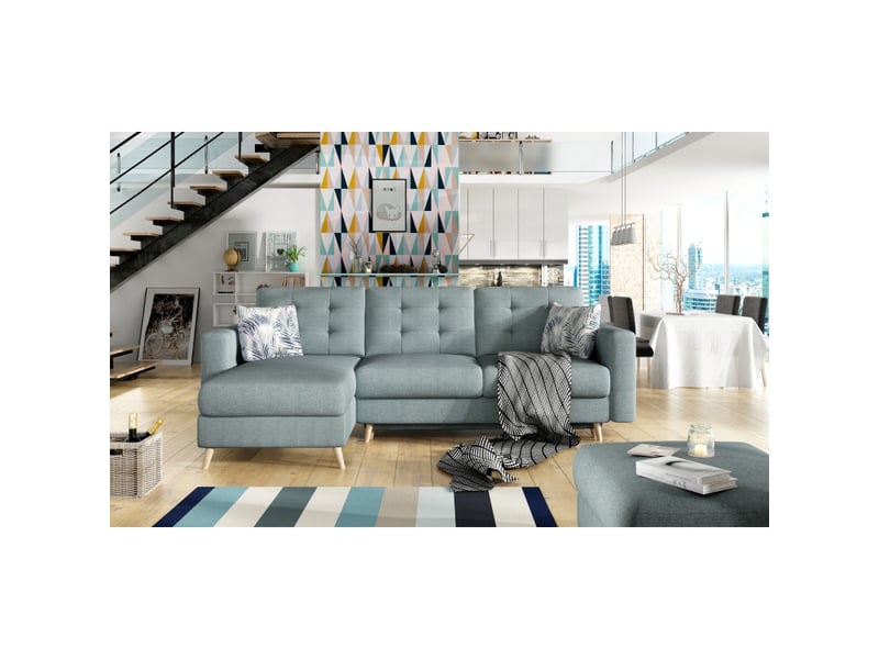  Canapé d'angle convertible hasgard 3 places bleu 248x162 cm – coffre et pieds bois  - Conforama B
