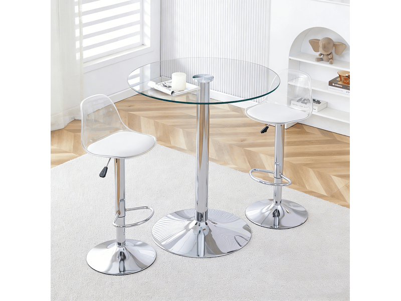 Ensemble table haute ronde en verre 89 cm avec 2 tabourets réglables pivotants, transparent et argenté - Conforama B