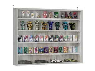 Vitrine murale pour objets de collection 4 étagère réglables en hauteur et 2 portes coulissantes 80 x 9,5 x 60 cm gris