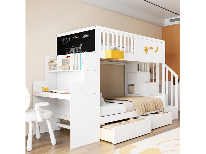 Lit superposé enfant 90 x 200 cm en bois, rangements, escalier et bureau blanc - Conforama D