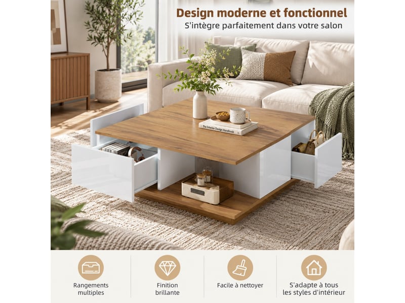  Table basse carrée blanc et bois avec 3 tiroirs, finition brillante et rangement semi-ouvert, 70x70x31,5 cm  - Conforama B